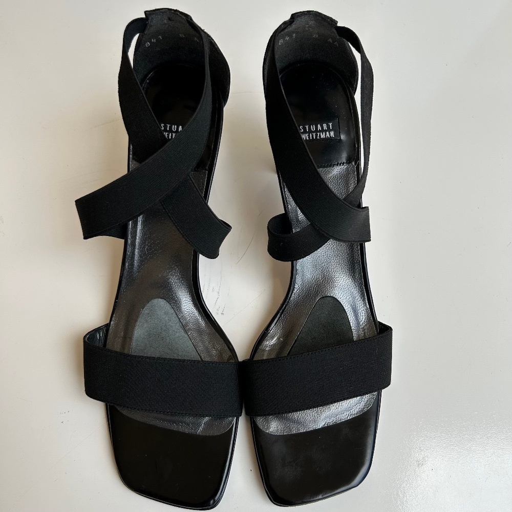 Stuart Weitzman Travelex Black Elastic Leather Sole Sandals Size 8 AA